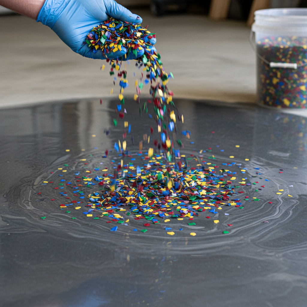 Colorful decorative flakes being broadcast onto wet epoxy base coat
