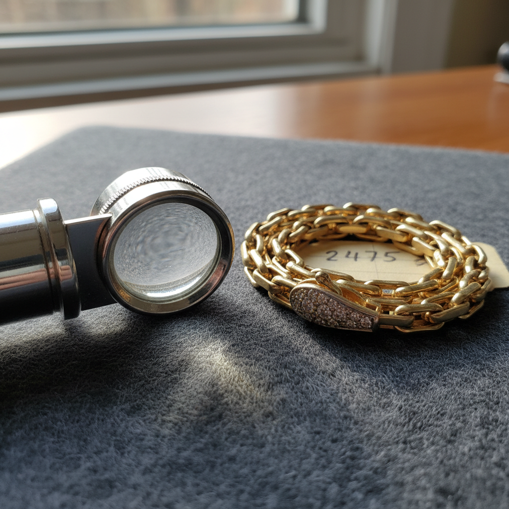 Jeweler's loupe resting on a dark felt pad beside a coiled gold bracelet, natural window light catching the clasp, a handwritten appraisal tag with a four-digit figure just visible