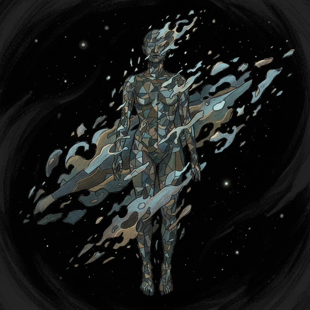 Digital art print showing spectral figure dissolving into geometric light patterns on black background