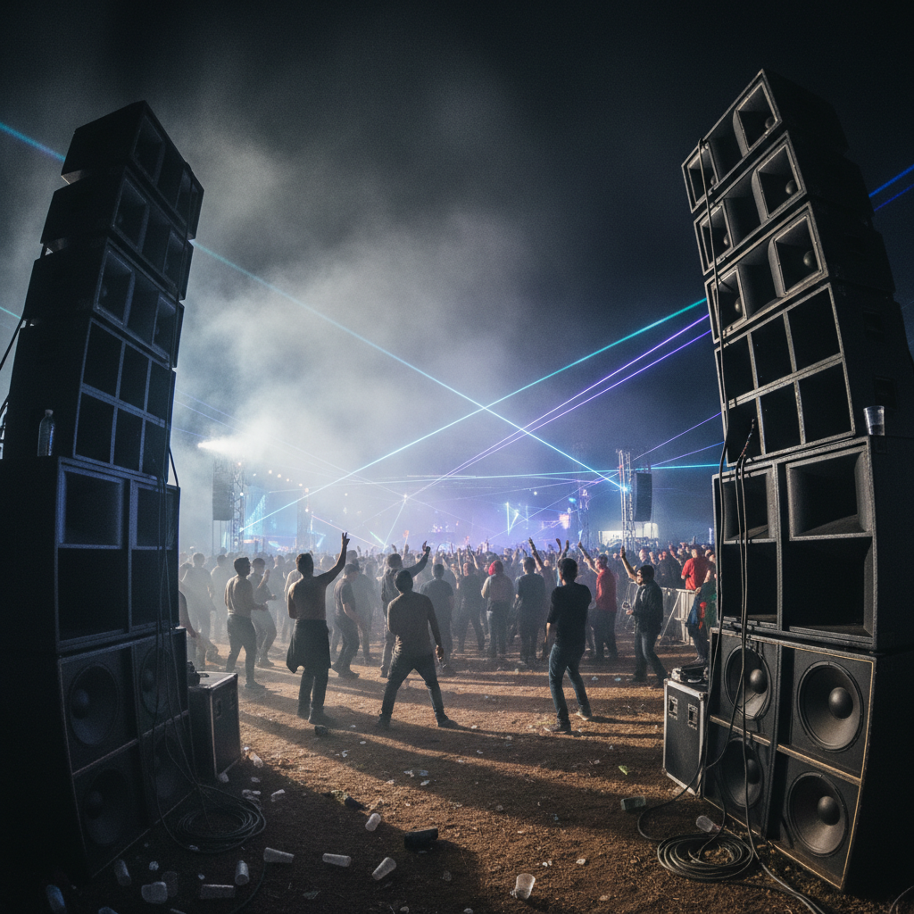 Large outdoor event venue with crowds, professional event infrastructure, nighttime