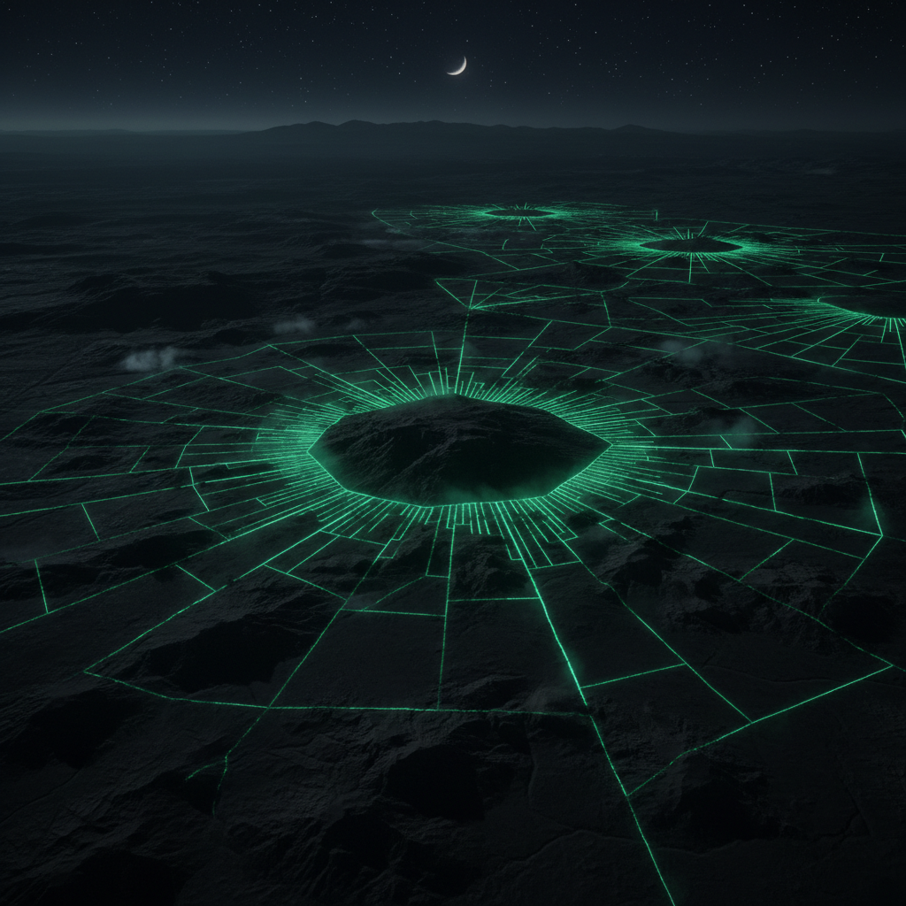 Aerial terrain data visualization with technical overlay, dark atmospheric landscape with geometric patterns