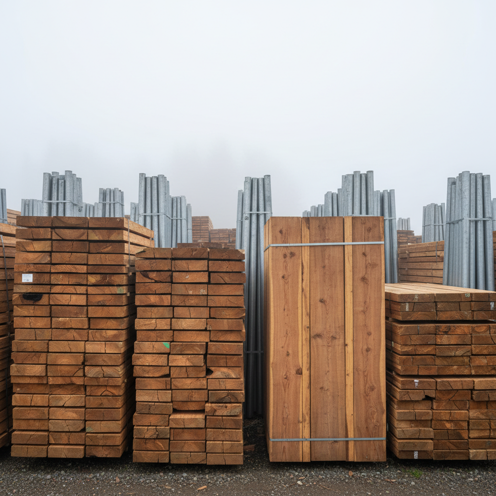 Stacked cedar fence boards and steel posts in Setback material yard with fog in background