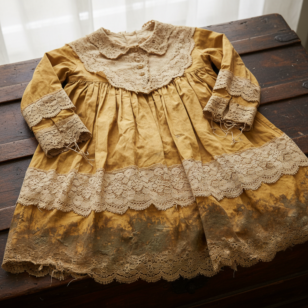 Victorian christening gown heavily yellowed with age, mud staining on hem, delicate lace fraying