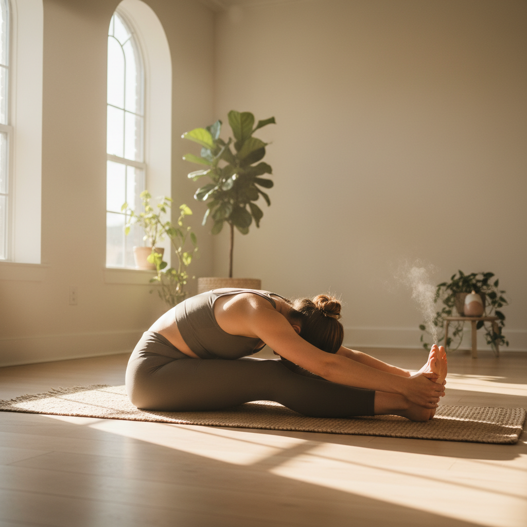 Person doing a seated forward stretch on a mat, calm indoor space, morning light