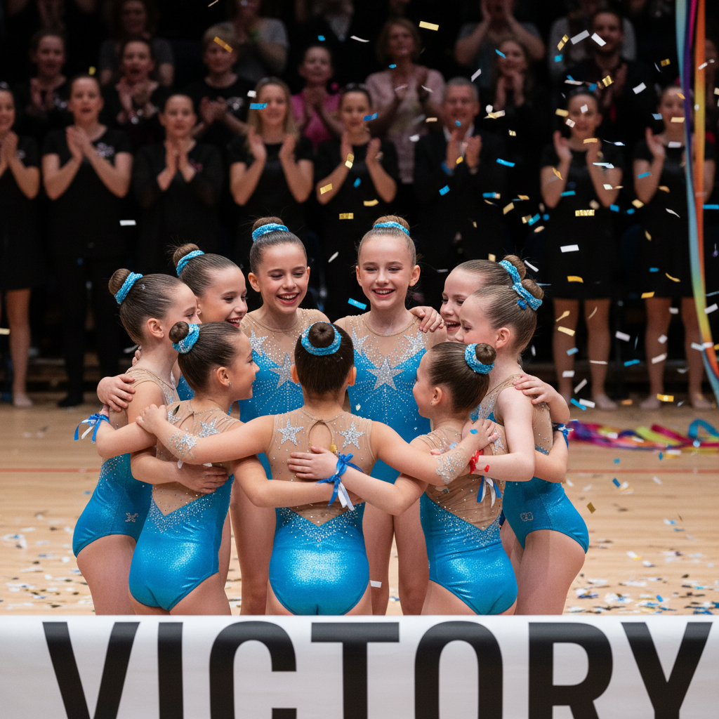Group of young gymnasts in matching leotards hugging after a recital