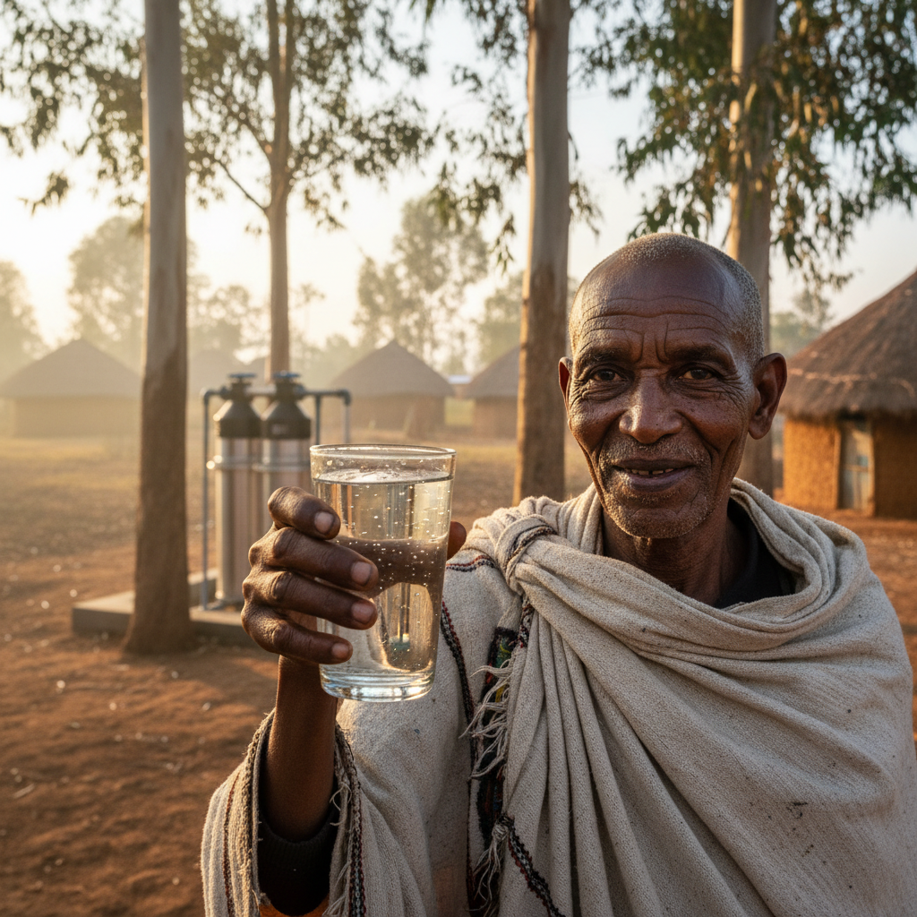 Village elder Abebe Girma holding a glass of clear water in front of a new filtration unit in Amhara, Ethiopia, morning light through eucalyptus trees