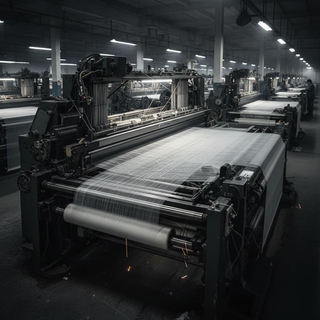 High-speed airjet loom weaving fine fabric threads, industrial textile machinery, factory floor dim lighting