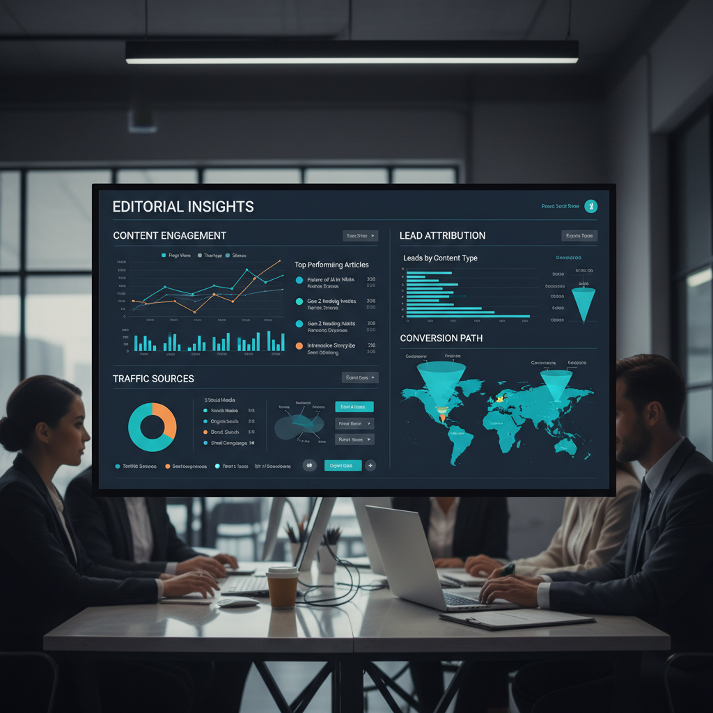 Editorial analytics dashboard showing content engagement metrics and lead attribution charts