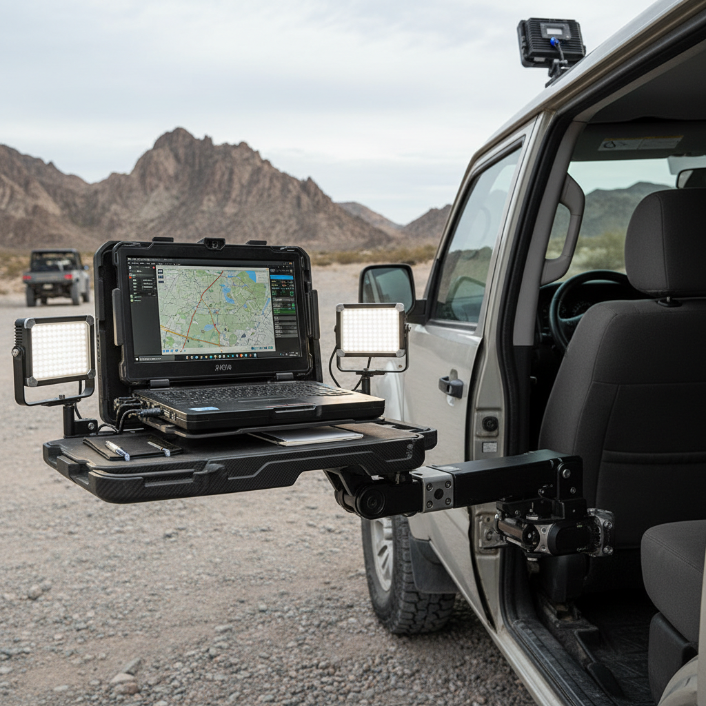 Vehicle-mounted desk workstation with laptop for field operations