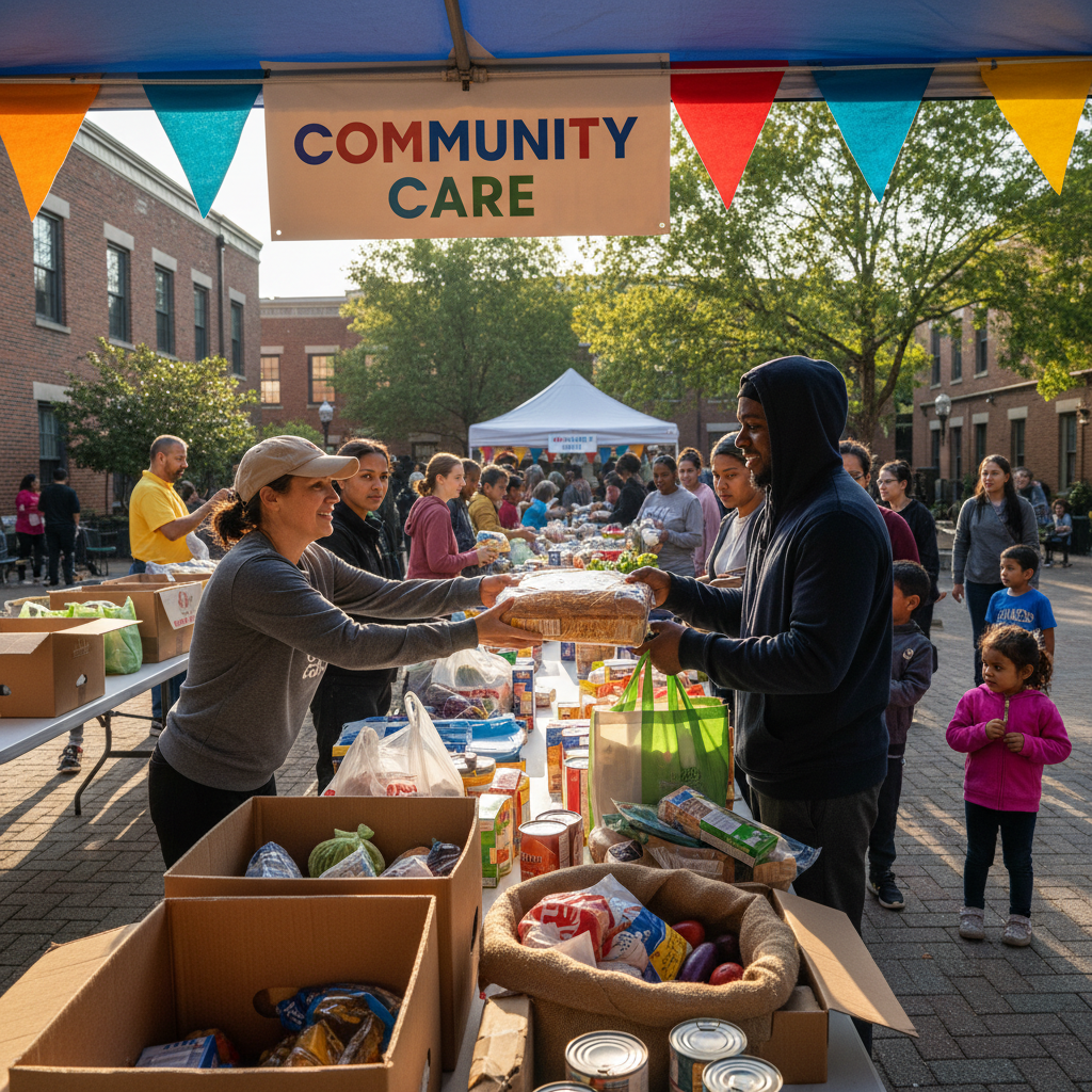 Volunteer passing out food at neighborhood food pantry drive