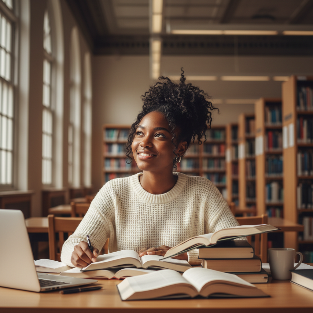 Portrait of a young Black woman smiling confidently in a bright university common room