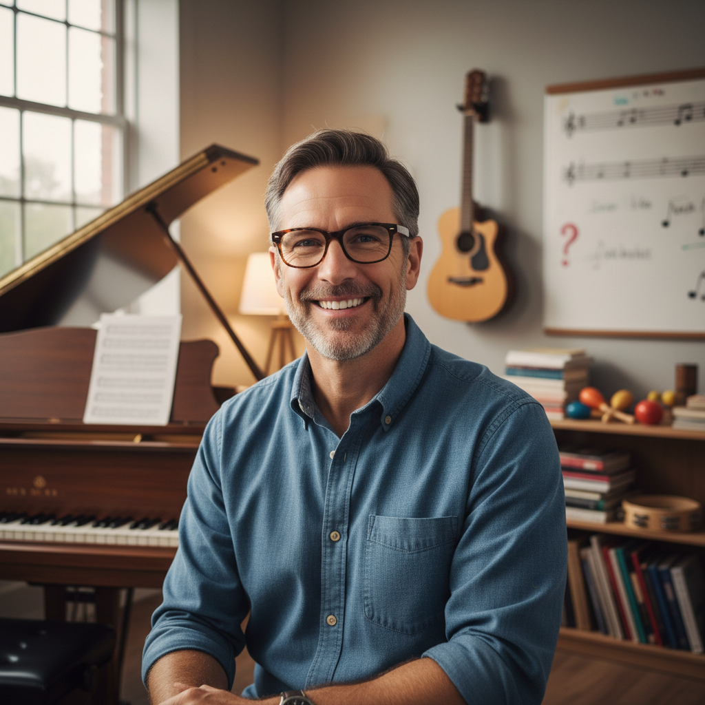 Friendly male music teacher with glasses and warm smile