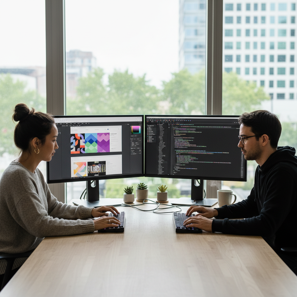 Développeur web travaillant sur un site web professionnel avec plusieurs écrans affichant du code et des maquettes