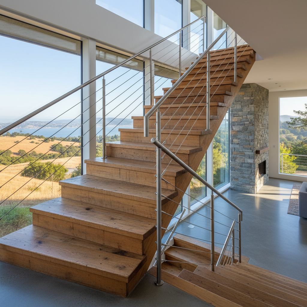 Reclaimed oak staircase with stainless steel cable railing in a Marin County hillside residence