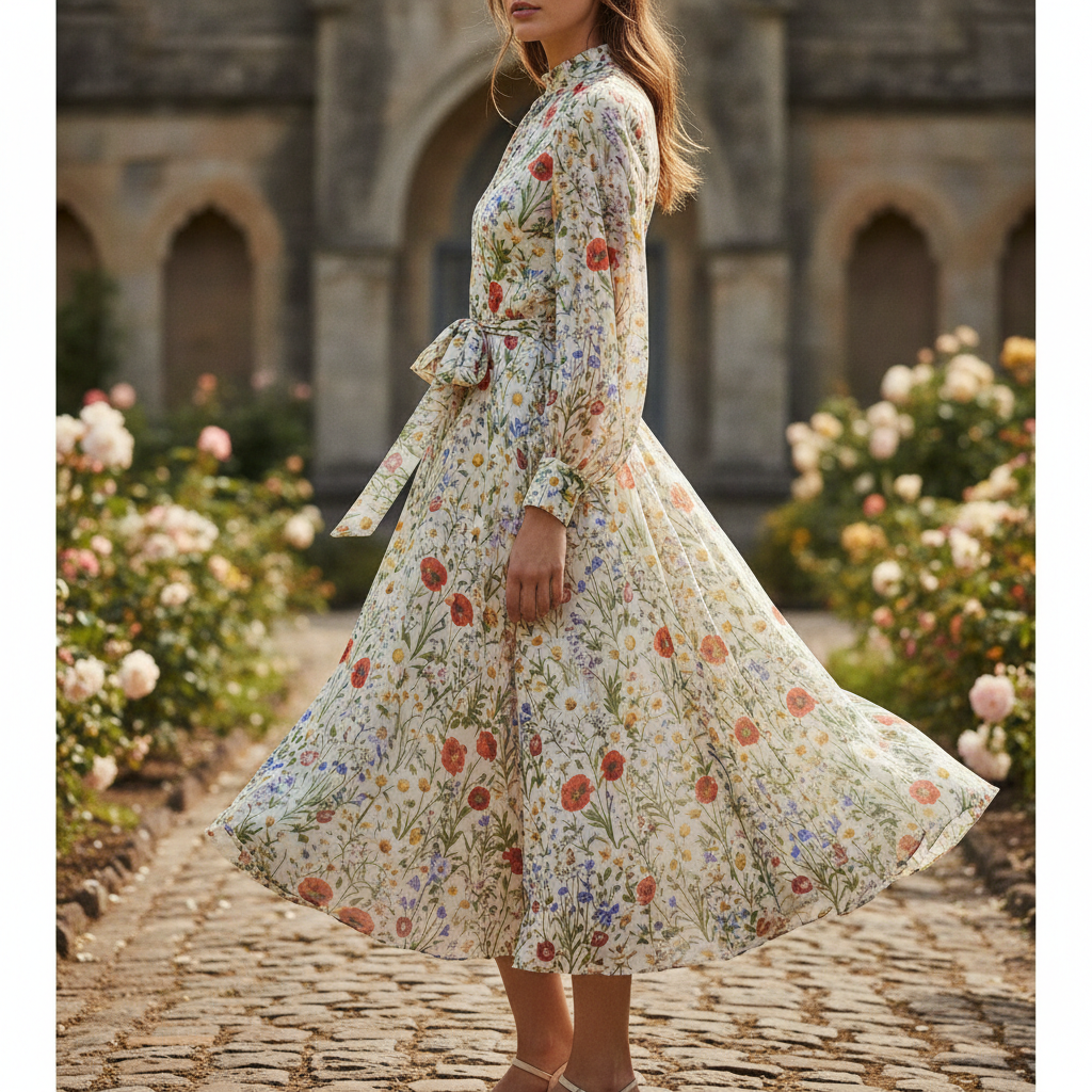 Floral midi dress on white background, clean product photography
