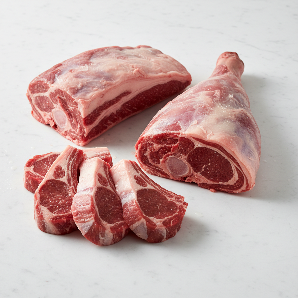 Fresh lamb and mutton cuts arranged on dark slate, pink meat with natural fat coverage