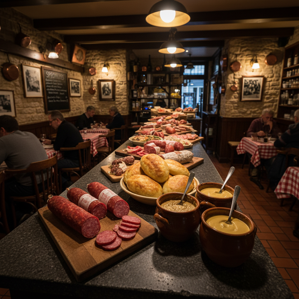 Lyon bouchon interior with saucisson, quenelles, and mustard pots arranged on dark stone counter, warm amber restaurant lighting, deep shadows