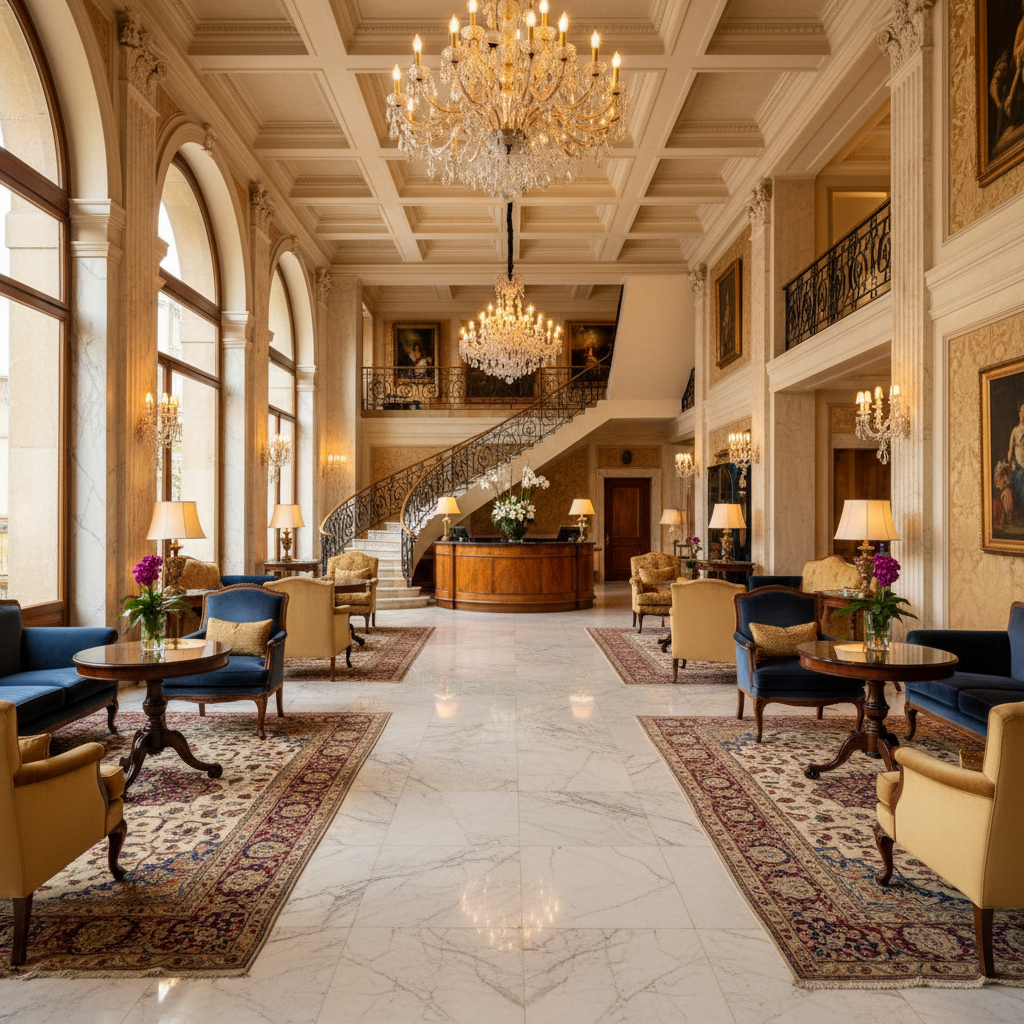 Luxury hotel lobby with dim golden lighting, dark marble floors, and warm atmospheric ambiance