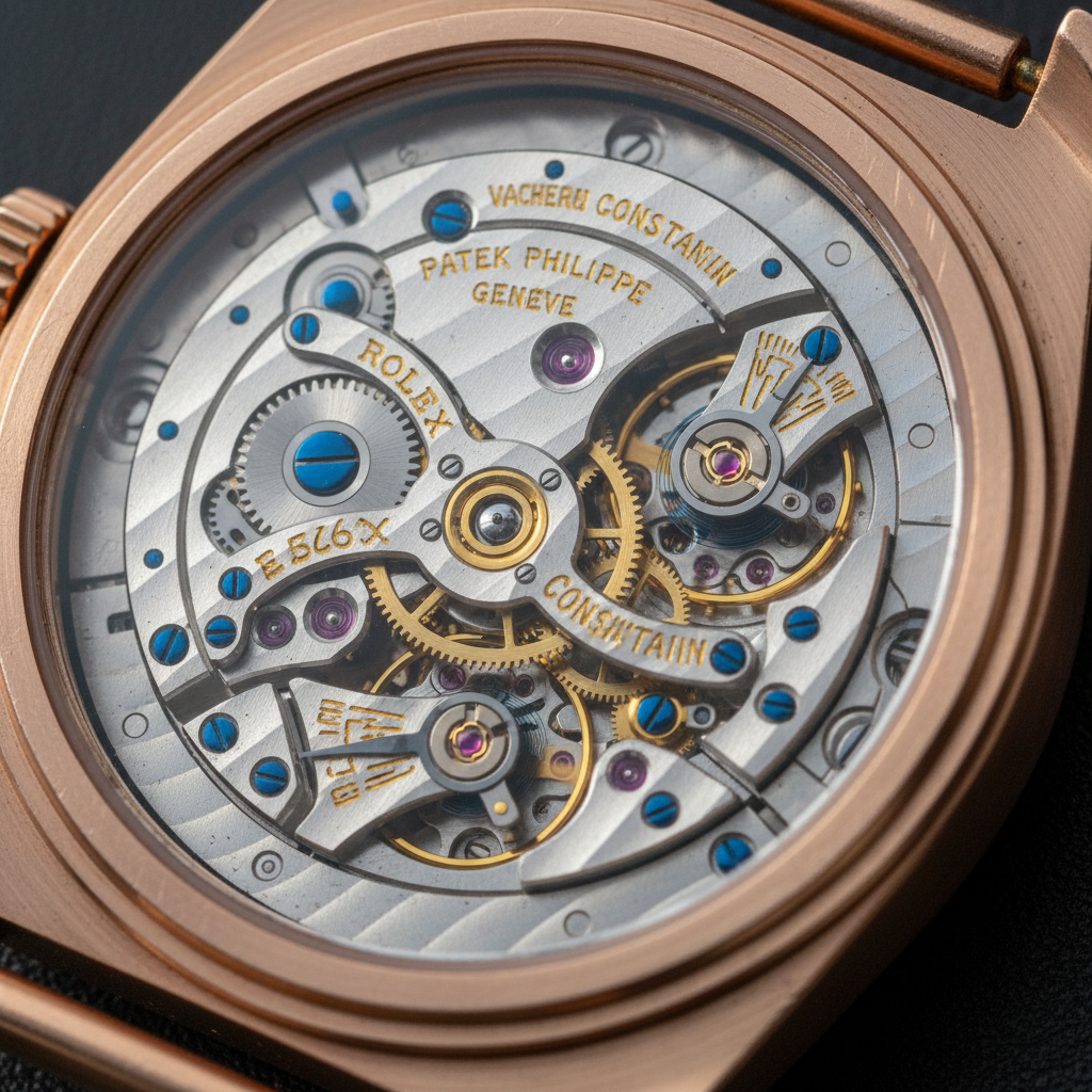 Open caseback of a vintage watch showing decorated movement, signed bridges, and Geneva stripes catching directional light