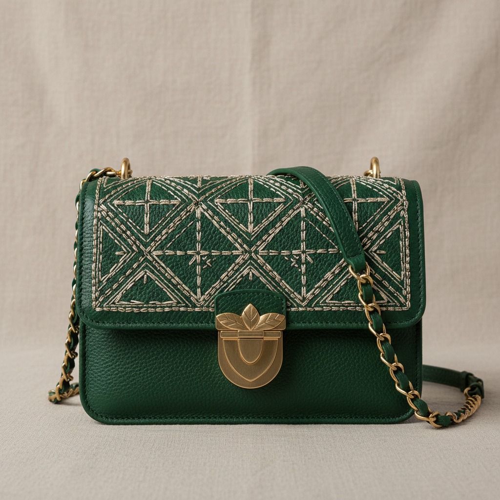 Dark leather clutch bag with intricate gold embroidery on dark textured background