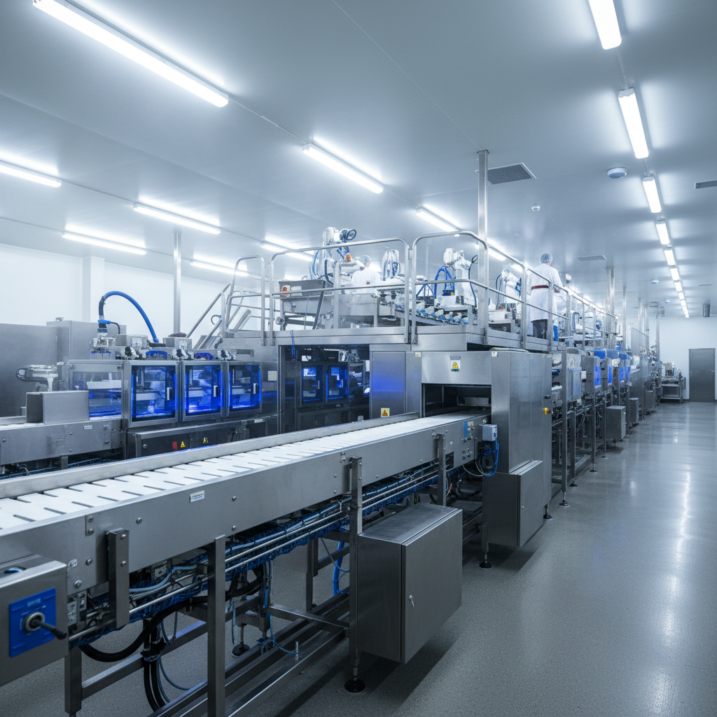 Stainless steel food processing conveyor line with sorting and inspection equipment under halogen lighting