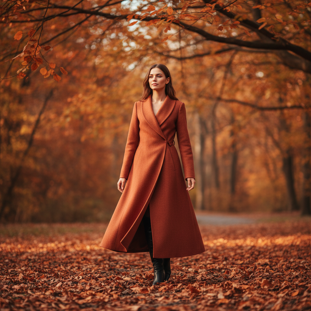 Elegant long wool coat in deep amber-brown, worn outdoors in autumn leaves, warm golden hour light