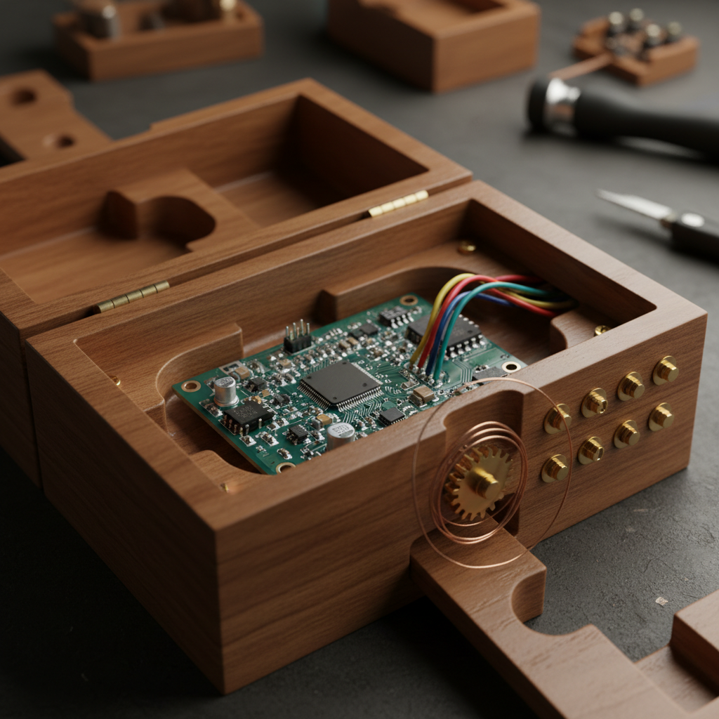 Wooden puzzle box open revealing PCB circuit board with wires and components inside