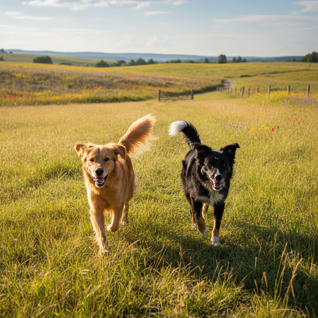 Two dogs running freely in a sunlit field, ears flying, pure unconstrained joy in motion