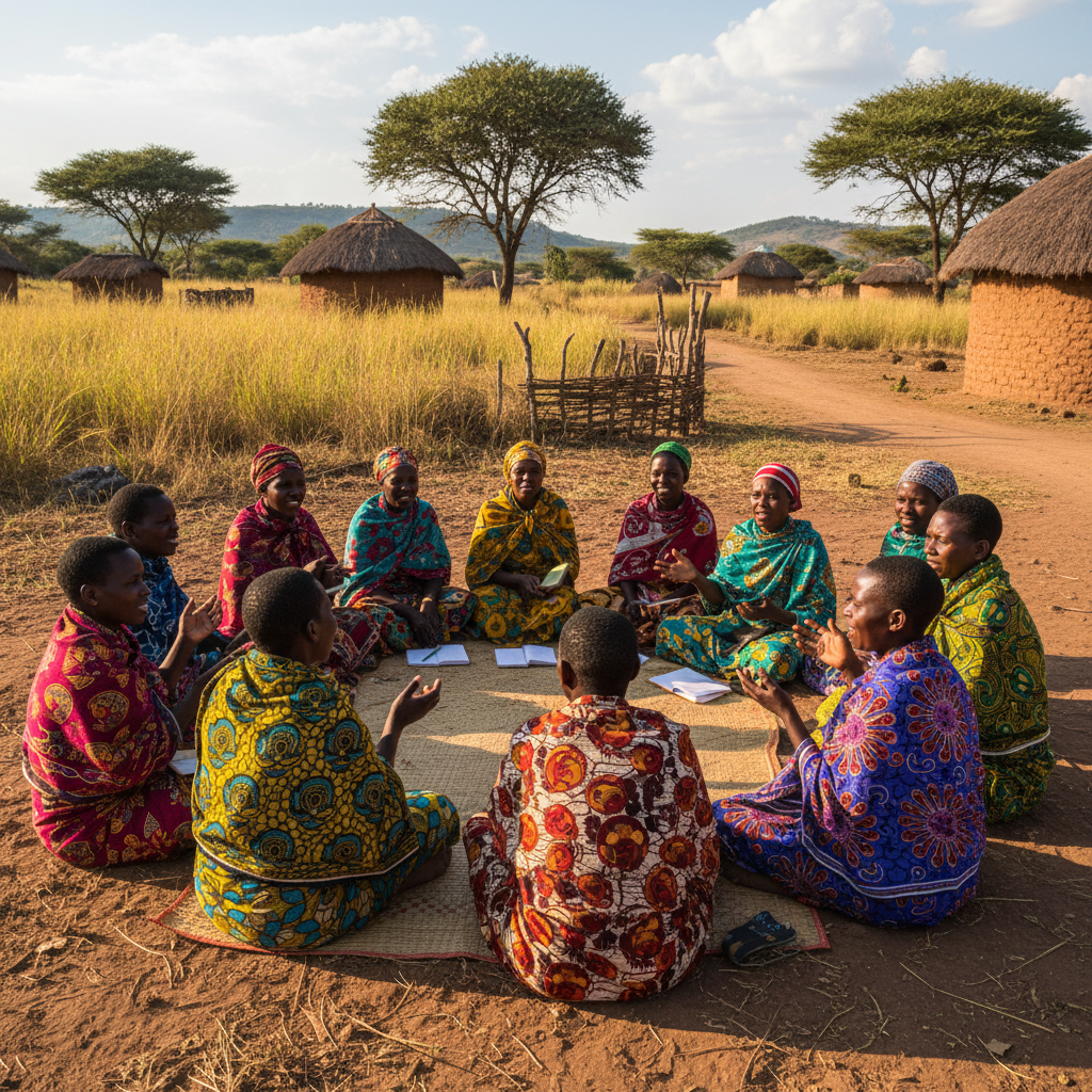 African women working together outdoors in a cooperative setting, warm afternoon light, South Sudan landscape