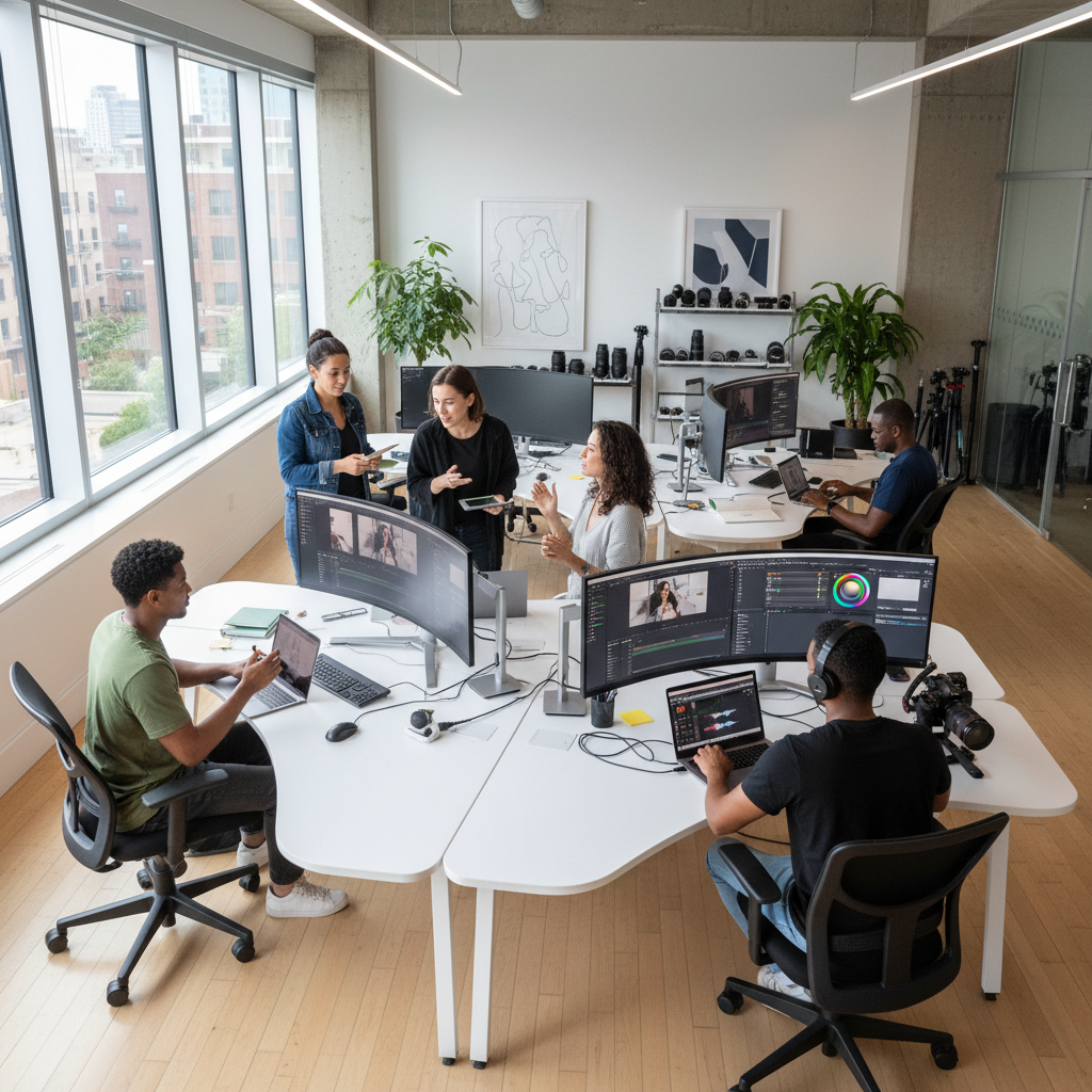 Corporate content creation team in a modern media room with professional lighting and camera equipment