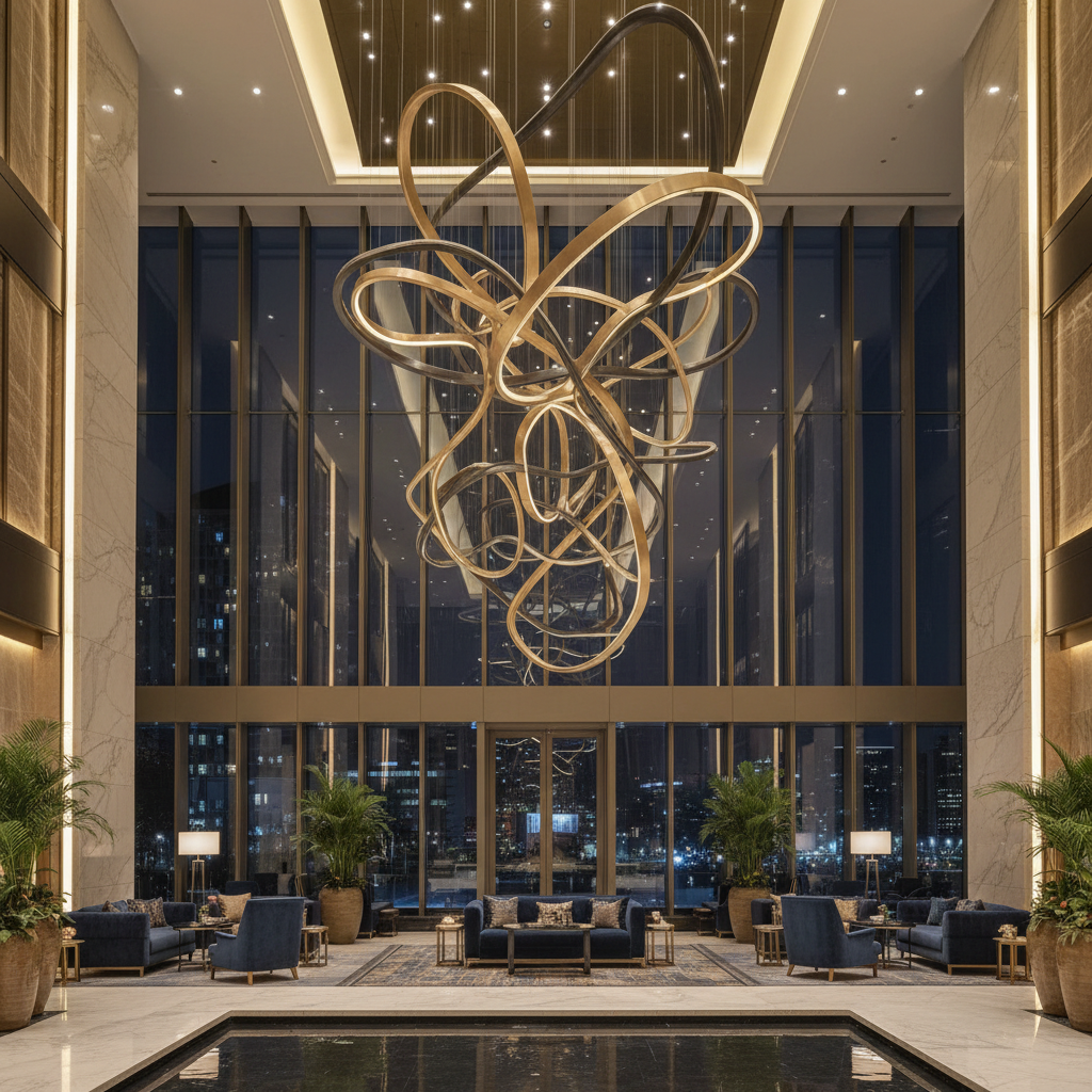 Luxury hotel lobby with elegant neon accent lighting in deep blue and white