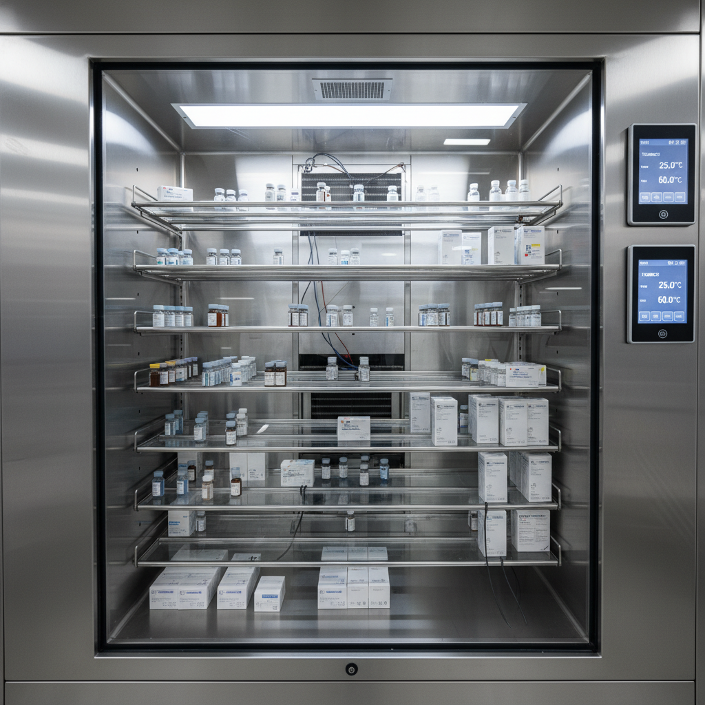 Environmental stability chamber with rows of product samples at controlled temperature and humidity