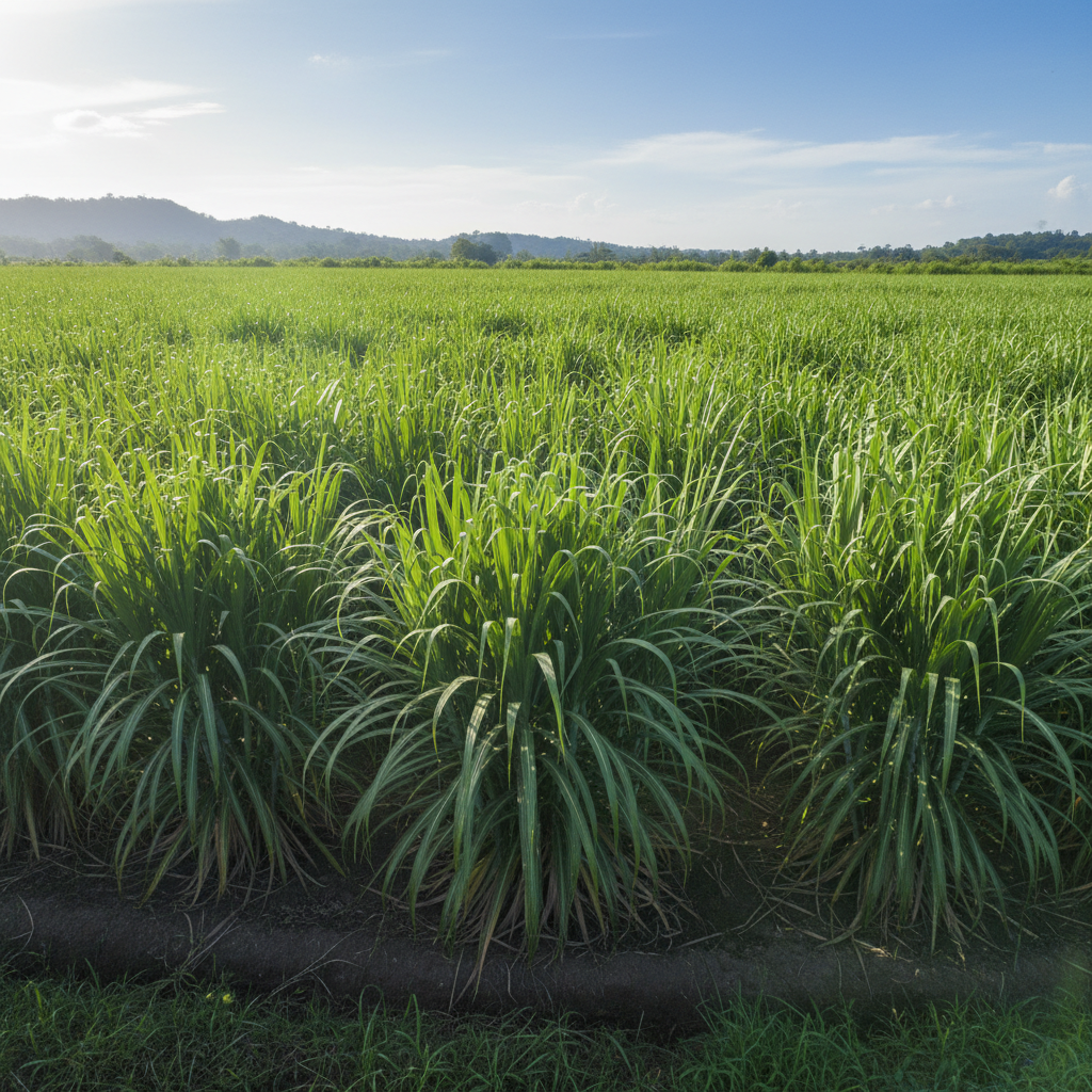 Green sugarcane stalks growing in field, tropical agricultural crop
