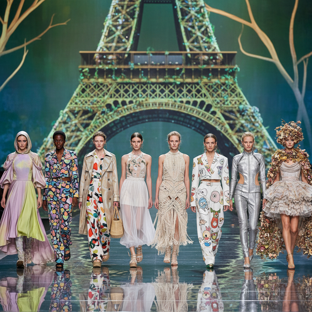 Contemporary Paris fashion week runway, modern minimalist set design, diverse models, dramatic architectural lighting