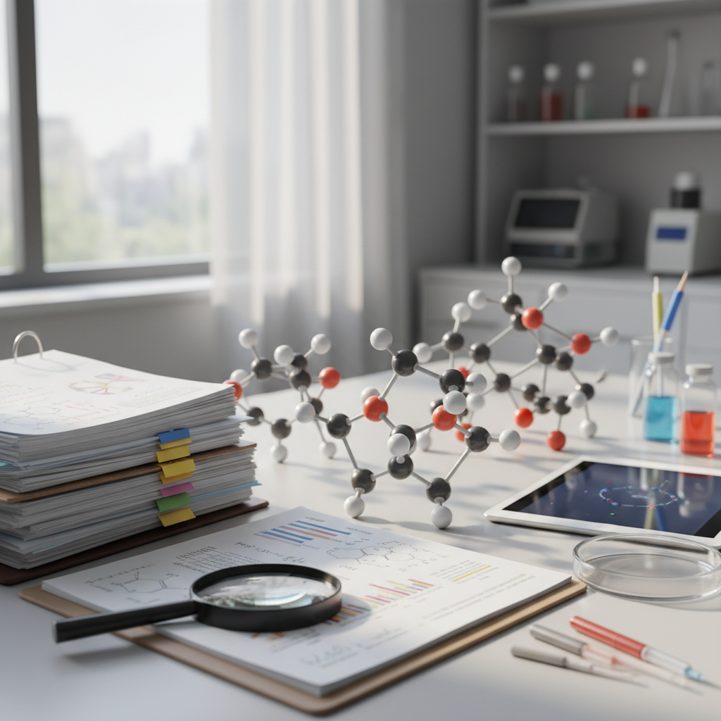 Close-up of scientific documentation and regulatory paperwork on a desk in a bright pharmaceutical office, professional research environment