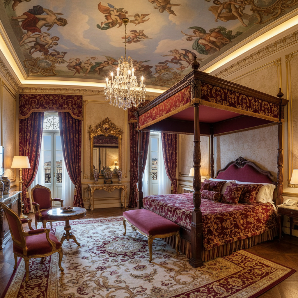 Royal suite with gilded four-poster bed, crimson drapes, ornate ceiling frescoes, warm candlelight atmosphere