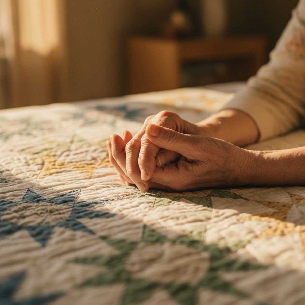 Elderly woman's hands resting on a patterned quilt in warm afternoon light, soft shadows, intimate close-up, dark warm tones