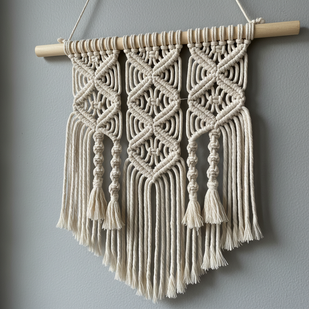 Large macramé wall hanging in natural cotton with geometric fringe pattern on light wall