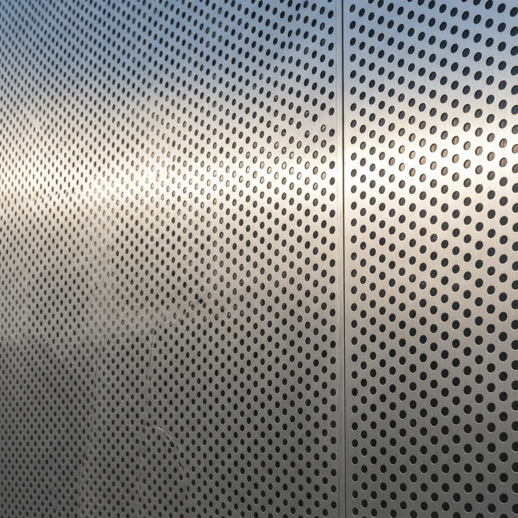 Macro close-up of perforated aluminum façade cladding on a sports arena