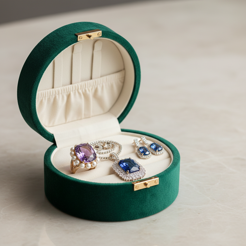 Elegant velvet jewelry box being opened with statement pieces inside