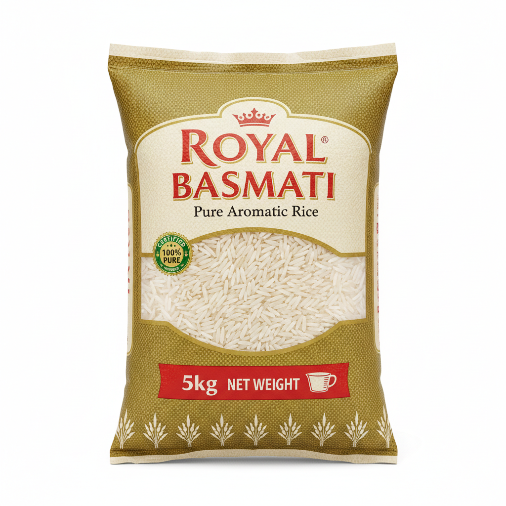 Premium aged basmati rice in a 5kg bag with long aromatic grains