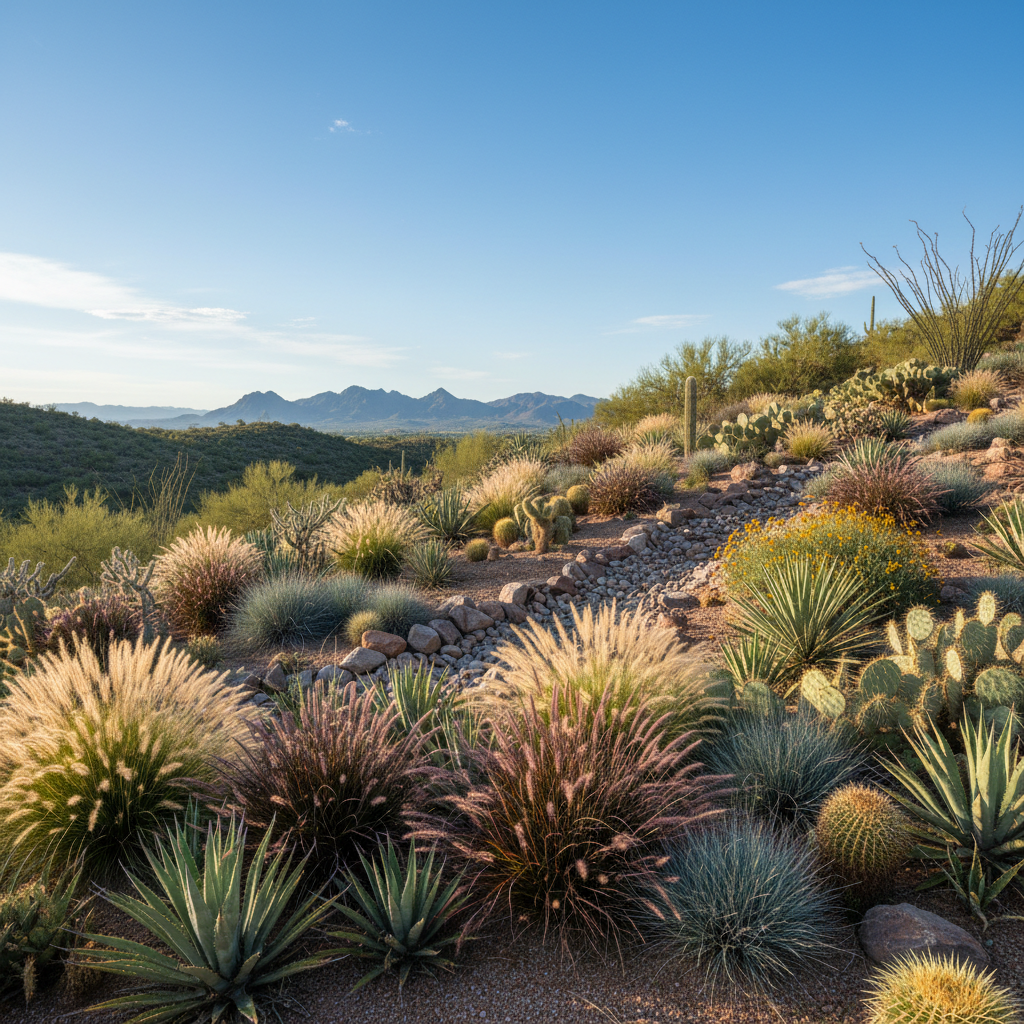 Native high-country Colorado plants and shrubs in a well-designed mountain landscape bed