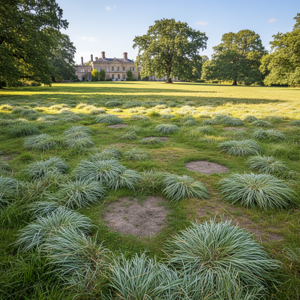 Large estate lawn with crabgrass, bare patches, and uneven growth