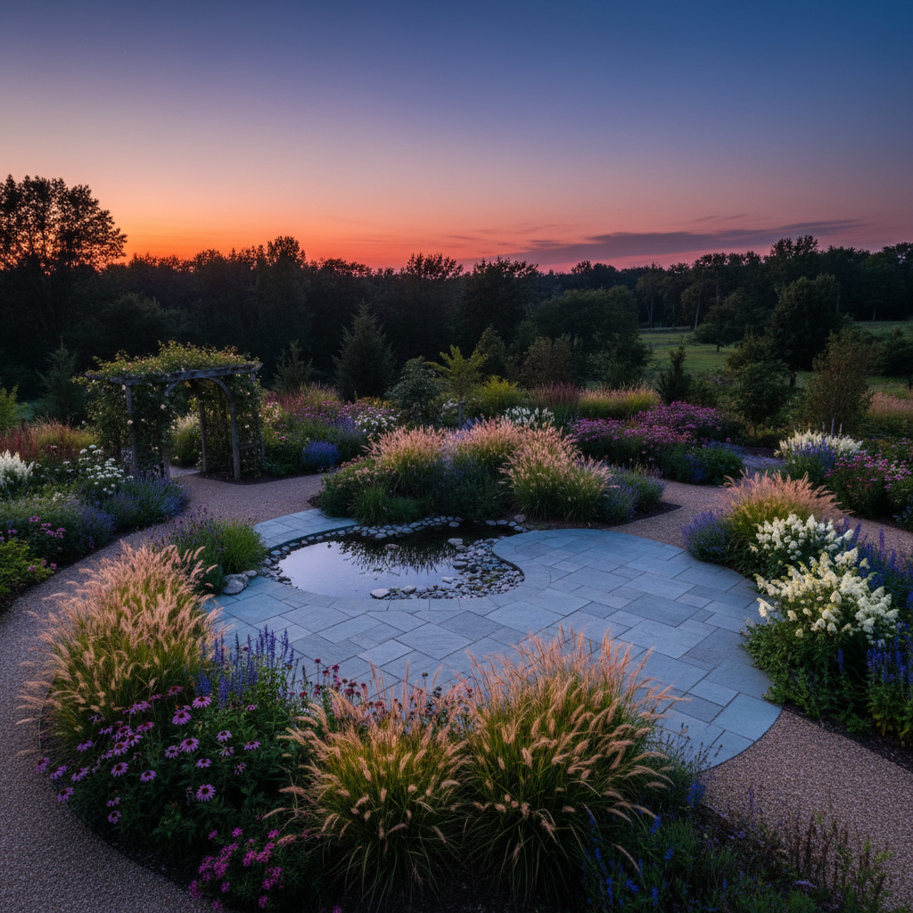 Overhead twilight view of a completed garden — bluestone terrace glowing faintly, ornamental grasses catching the last amber light