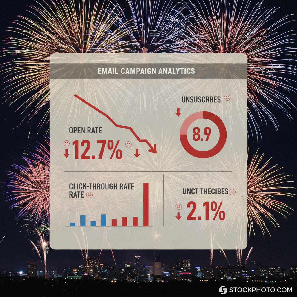Generic stock photo fireworks image overlaid on a bland email template showing low open rate analytics and high unsubscribe numbers