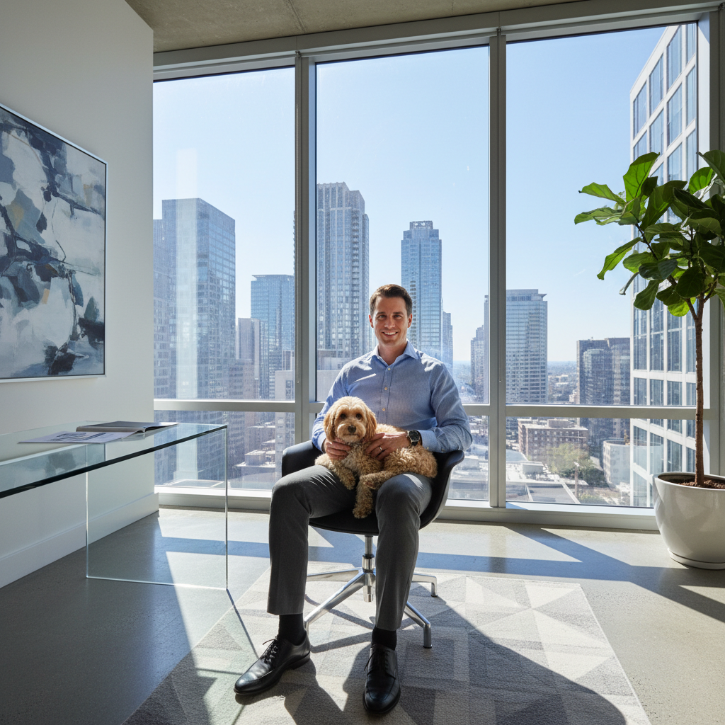 Professional in modern office environment with small dog, corporate editorial photography