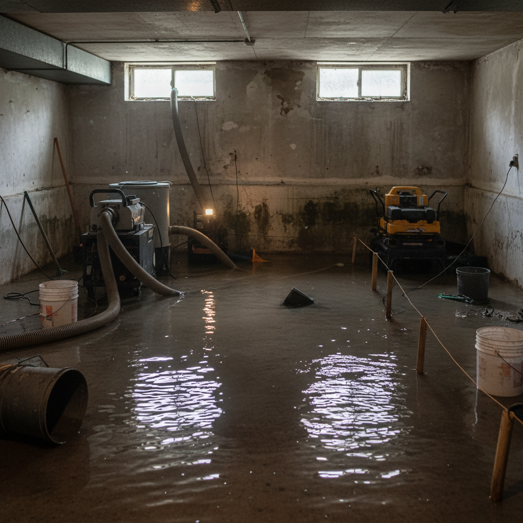 Flooded basement with water extraction equipment running