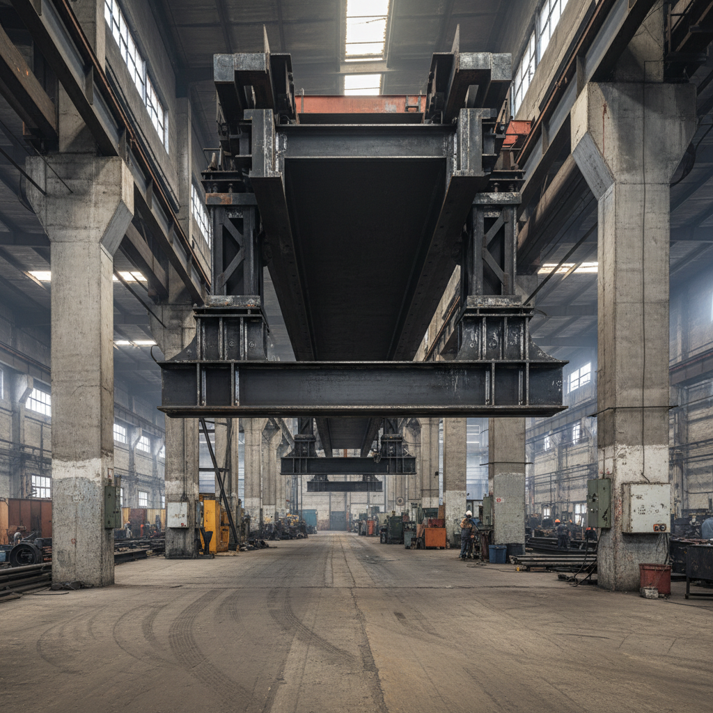 Industrial overhead bridge crane in large steel fabrication facility