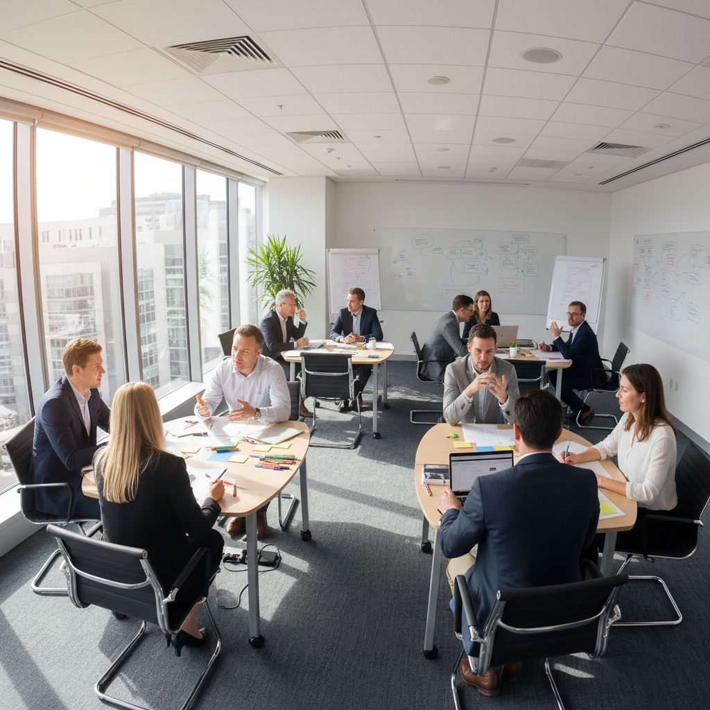 Small business office with entrepreneurs collaborating around modern workstations