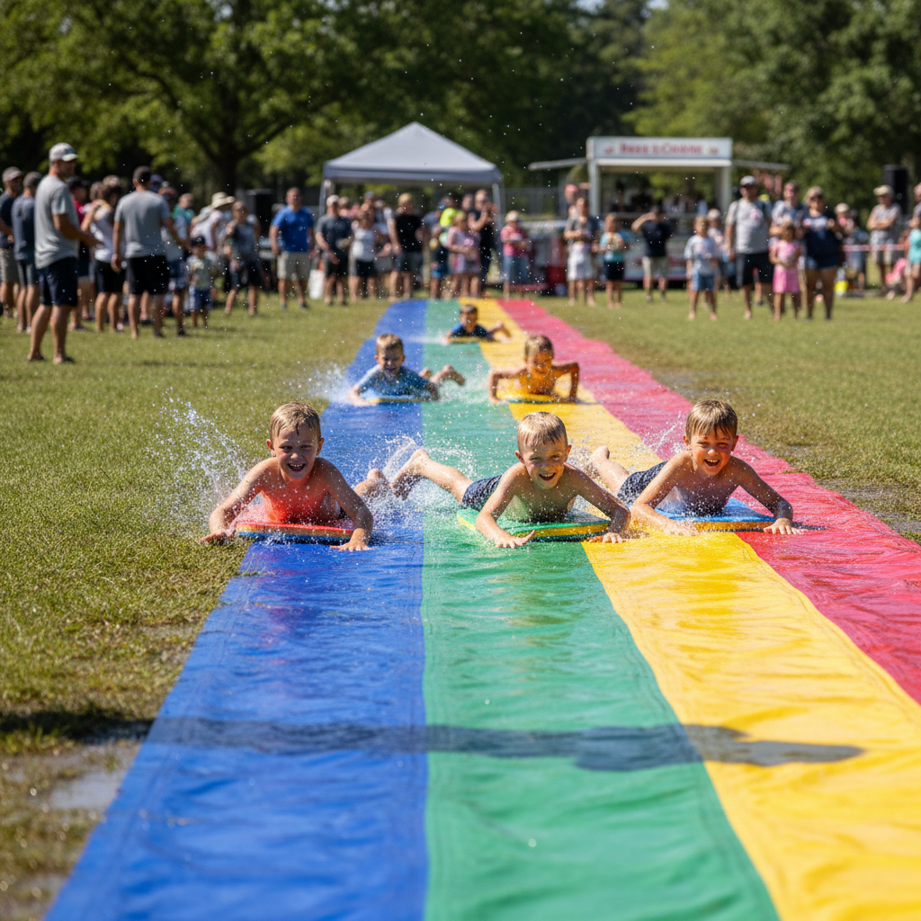 Children sliding on a long inflatable slip-and-slide at a summer carnival in a park